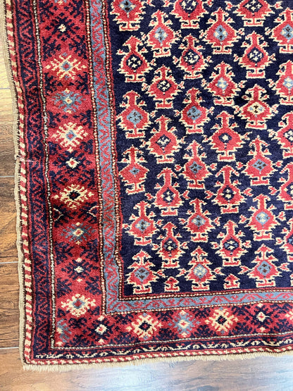 Turkish Sparta Rug 3x4, Allover Pattern, Navy Blue and Red, Antique Ispara Oriental Carpet 3 x 4, Small Turkish Handmade Vintage Wool Rug