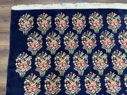 Persian Rug 9x12, Authentic Hand Knotted Carpet, Repeated Floral Motif Garden of Eden, Navy Blue Wool Rug 9 x 12, Semi Antique Kirman Rug