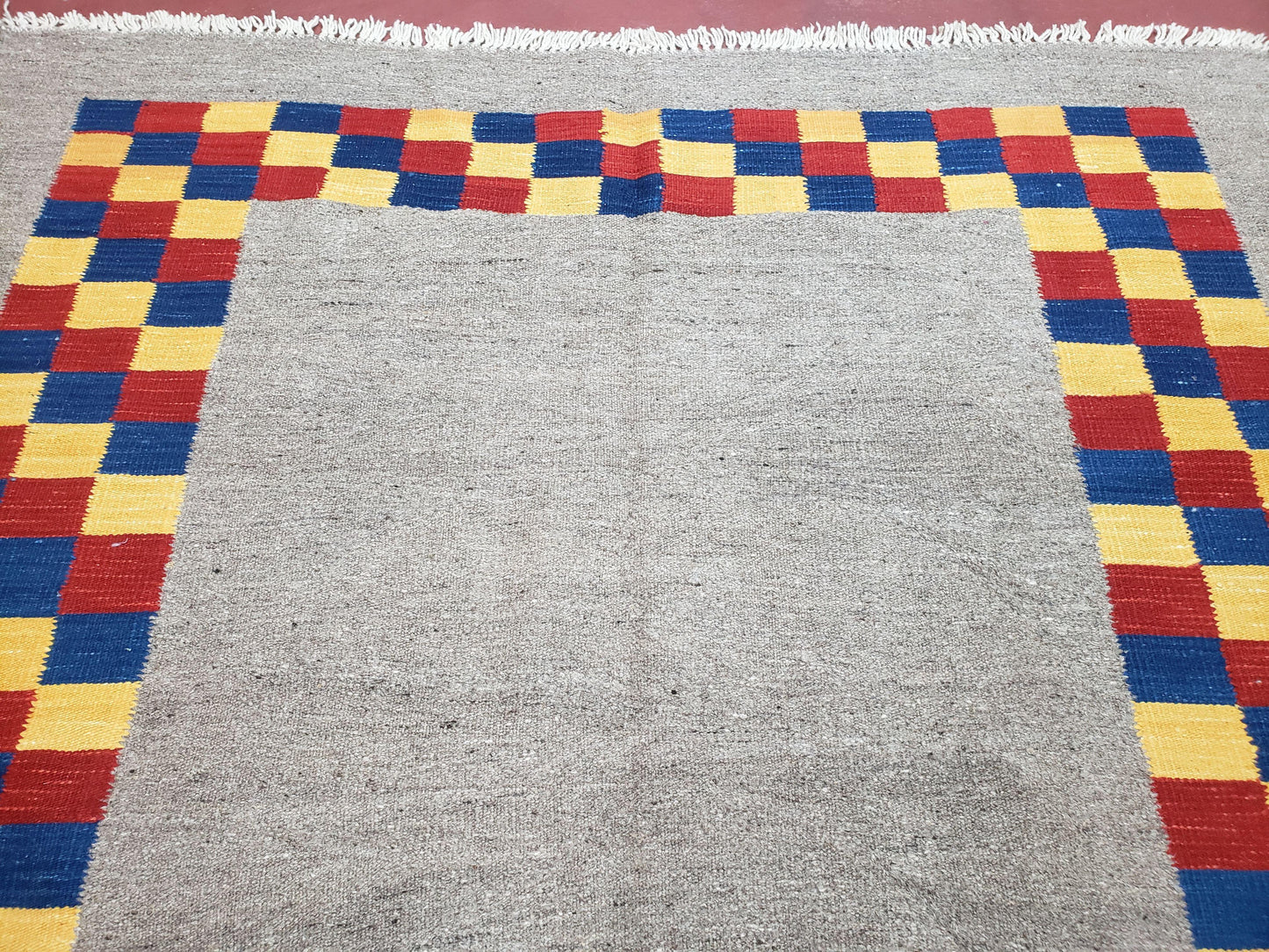 Turkish Kilim Rug Hand Knotted Wool Area Rug 5 Ft 6 In By 8 Ft Gray With Colorful Checker Border