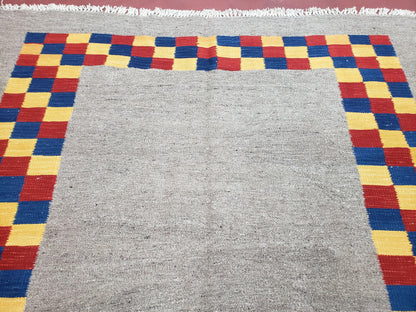 Turkish Kilim Rug Hand Knotted Wool Area Rug 5 Ft 6 In By 8 Ft Gray With Colorful Checker Border