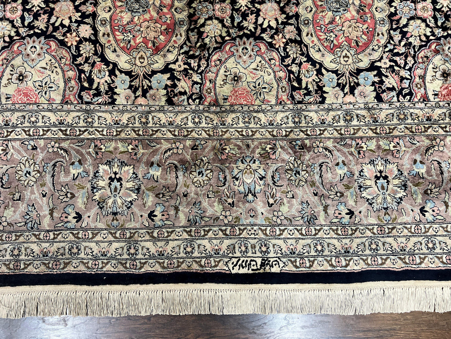 Sino Persian Rug 9x12 Navy Blue and Pink Hand Knotted Wool Silk Floral Vintage Oriental Carpet