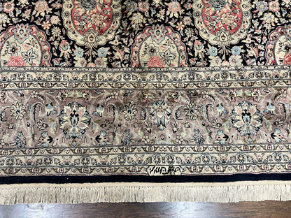 Sino Persian Rug 9x12 Navy Blue and Pink Hand Knotted Wool Silk Floral Vintage Oriental Carpet
