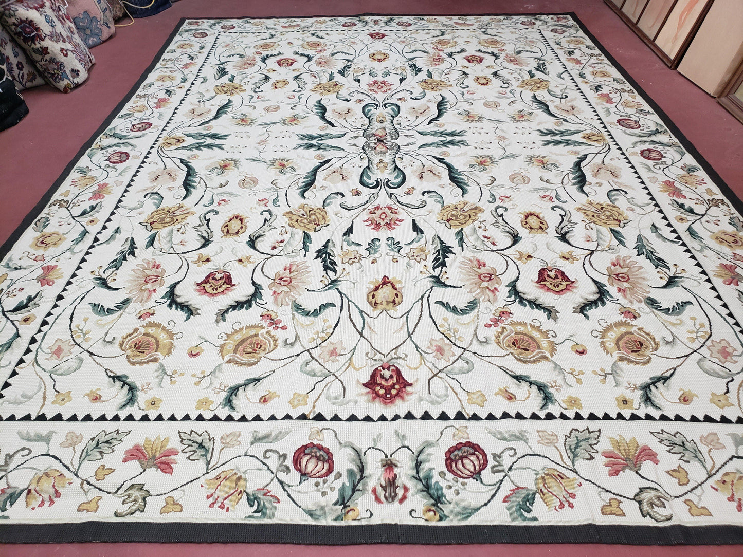New Needlepoint Rug 9x12, Hand Woven Wool Area Rug, Flatweave Carpet, Handmade Chinese Needlepoint, Floral European Design, Ivory Background