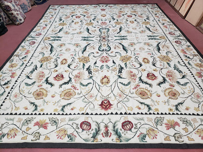 New Needlepoint Rug 9x12, Hand Woven Wool Area Rug, Flatweave Carpet, Handmade Chinese Needlepoint, Floral European Design, Ivory Background