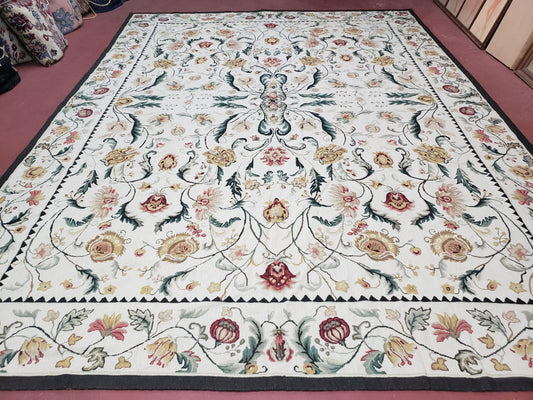 New Needlepoint Rug 9x12, Hand Woven Wool Area Rug, Flatweave Carpet, Handmade Chinese Needlepoint, Floral European Design, Ivory Background