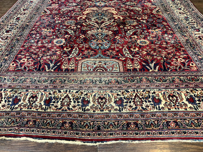 Antique Persian Mashad Rug 10x12 Hand Knotted Signed By Master Weaver Red Ivory Wool