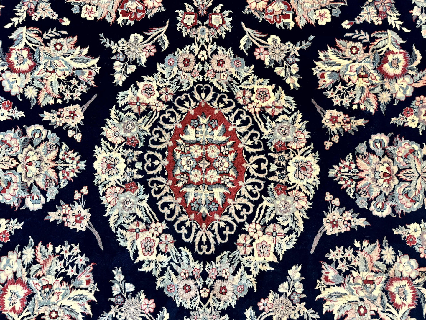 Sino Persian Rug 8x10, Floral Kirman Carpet, Navy Blue and Red, Floral Vases, Handmade Vintage Wool Carpet, 320 KPSI