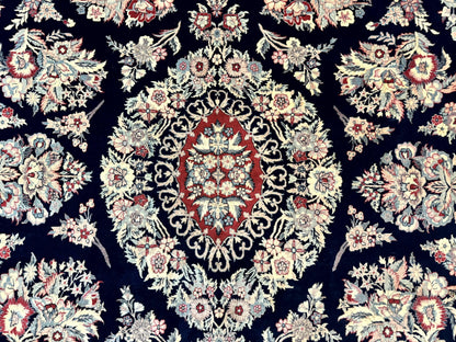 Sino Persian Rug 8x10, Floral Kirman Carpet, Navy Blue and Red, Floral Vases, Handmade Vintage Wool Carpet, 320 KPSI