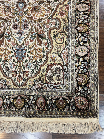 Turkish Kayseri Silk Rug 3x5, Tree of Life Silk Oriental Carpet, Birds Persian Vase Design, Hand Knotted Vintage Fine Rug, 340 KPSI