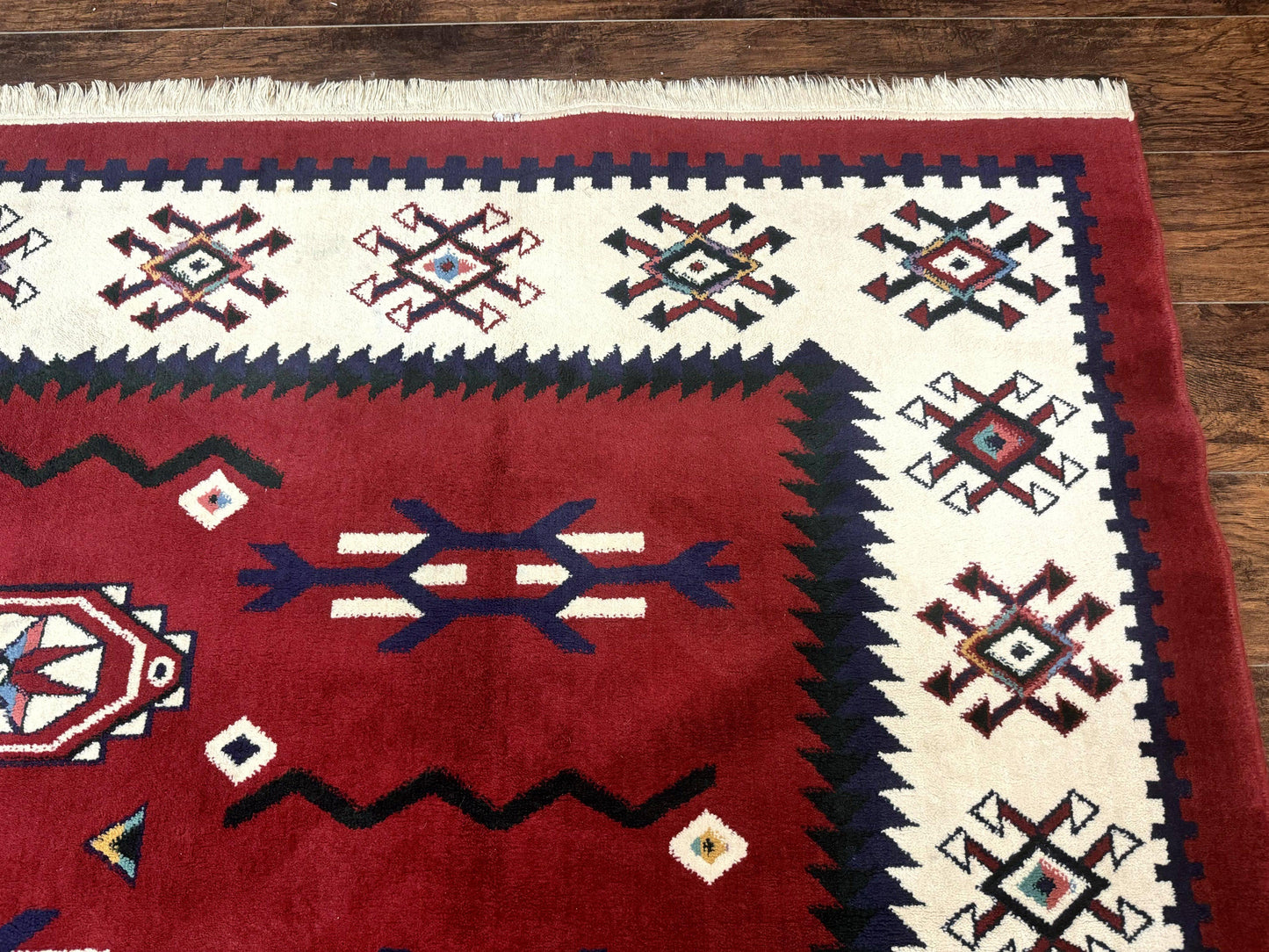 Power Loomed Navajo Area Rug 8x11 Dark Red Ivory Bohemian Tribal Design