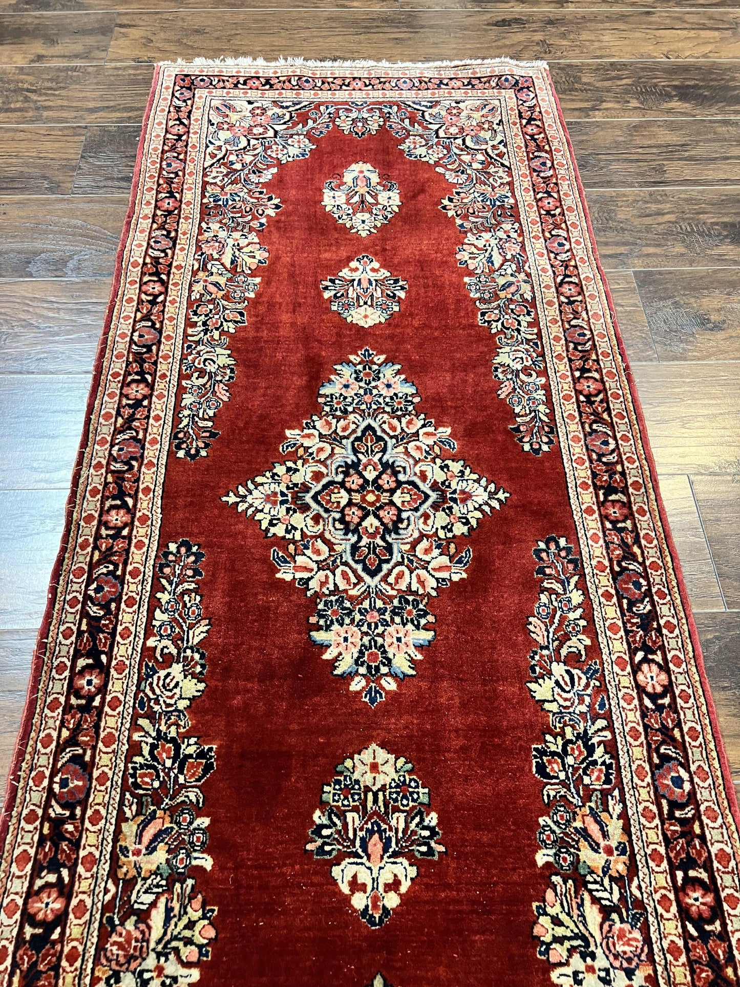 Persian Sarouk Runner Rug 2.7 x 6, Semi Open Field, Red, Handmade Hand Knotted, Wool Oriental Carpet, Vintage Semi Antique