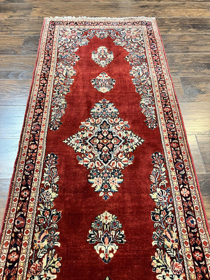 Persian Sarouk Runner Rug 2.7 x 6, Semi Open Field, Red, Handmade Hand Knotted, Wool Oriental Carpet, Vintage Semi Antique