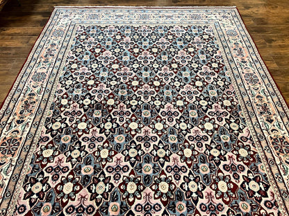 Indo Persian Rug 8x10, Repeated Allover Pattern, Navy Blue Ivory, Handmade Vintage Wool Carpet