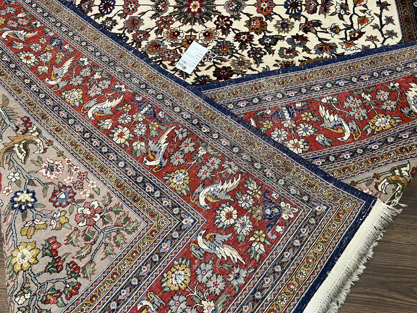 Sino Persian Rug Hand Knotted 7x10 Circle Of Life Tree Of Life Birds Cream Red Navy Blue Taupe Wool Silk Accents Vintage