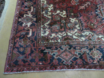 Persian Heriz Rug 8x11 Hand Knotted Wool Geometric Medallion Vintage