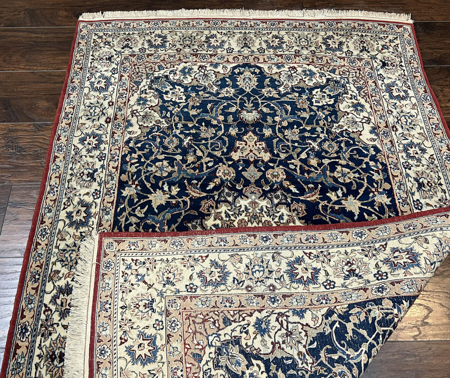 Persian Nain Rug Super Fine Hand Knotted Wool Silk Accents Navy Blue Ivory 3.6 X 5.4