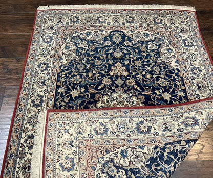 Persian Nain Rug Super Fine Hand Knotted Wool Silk Accents Navy Blue Ivory 3.6 X 5.4