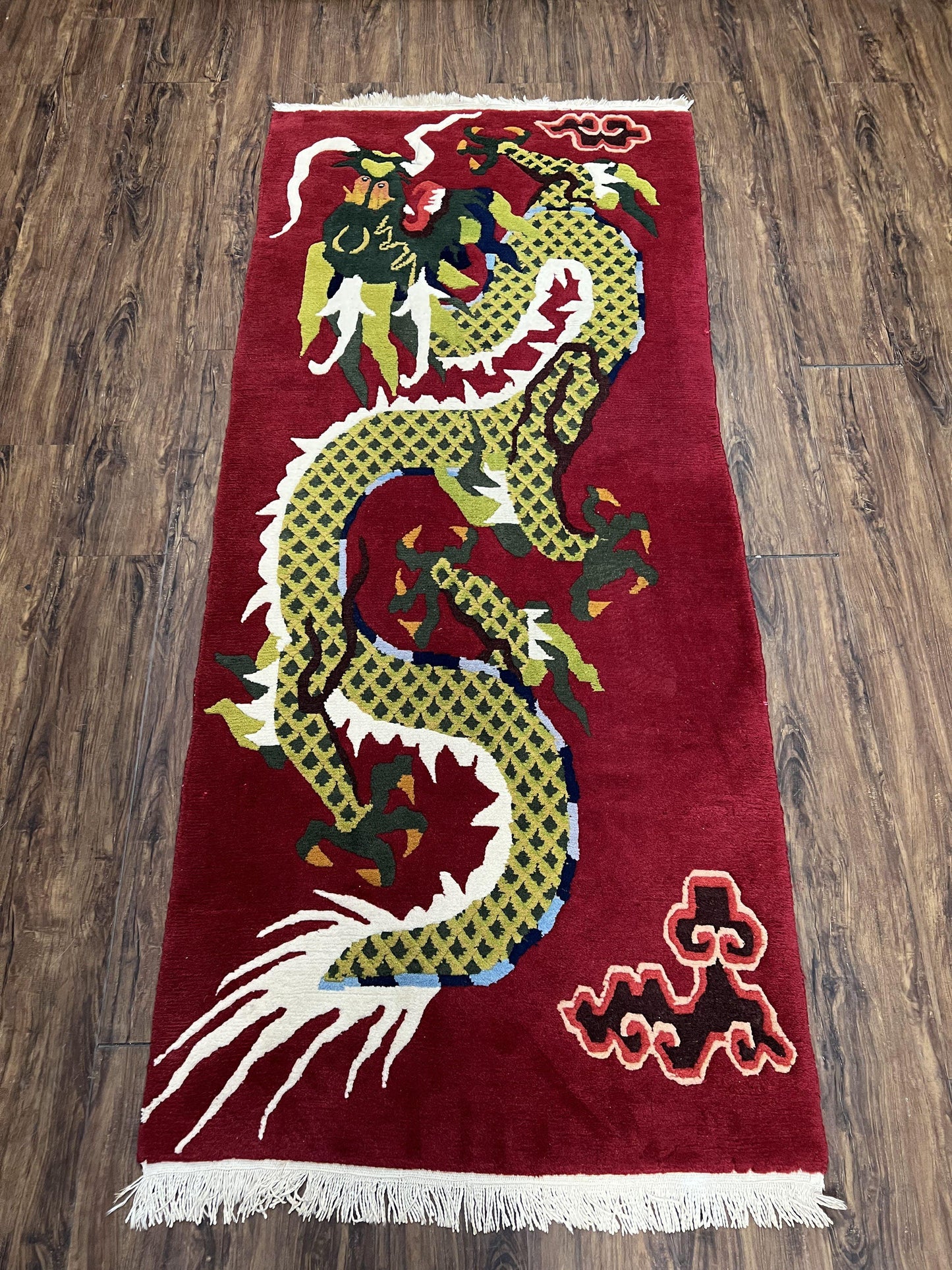 Vintage Chinese Dragon Rug 3 x 6.8, Handmade Hand Knotted Red Chinese Carpet with Gold Dragon, Art Deco Peking Soft Chinese Rug Runner