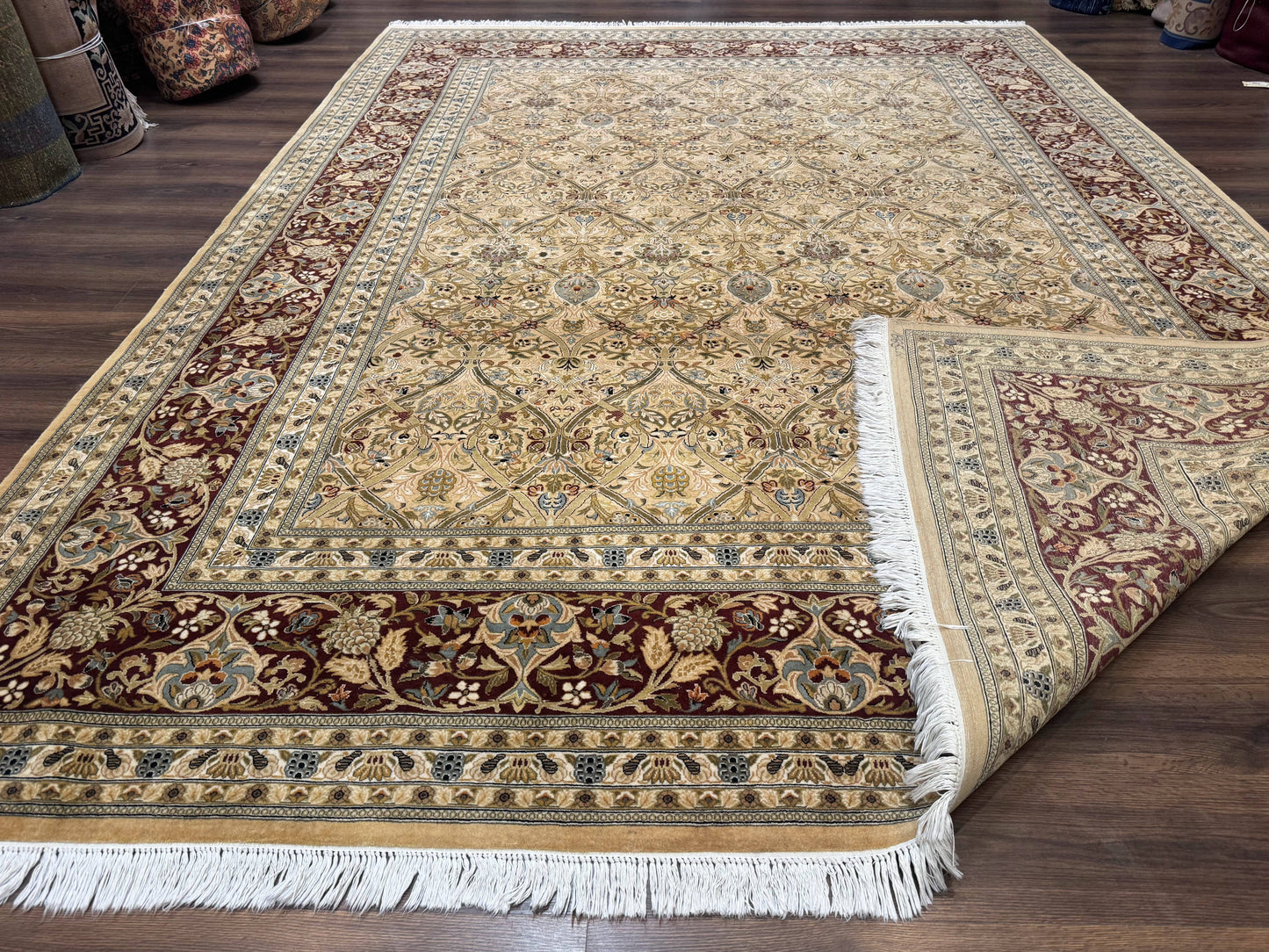 Pak Persian Rug 9x12 Handmade Wool Panel Design Gold And Wine Red