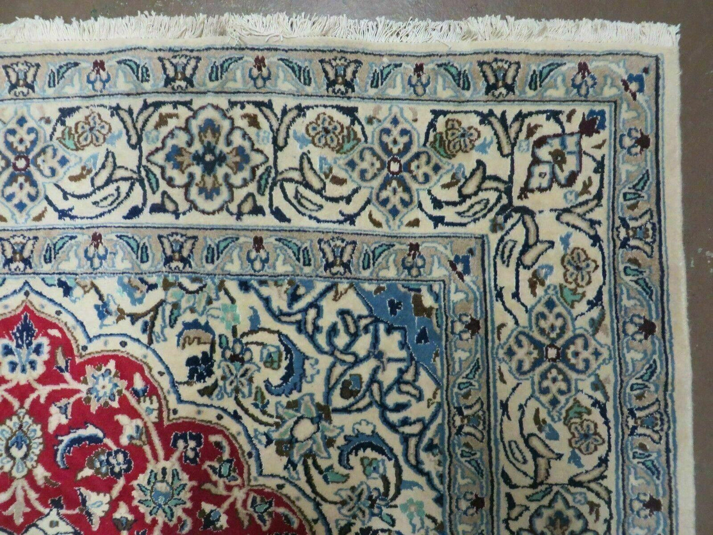 Square Persian Nain Rug 6ft 3in By 6ft 8in Hand Knotted Wool Silk Accents Ivory Red Blue