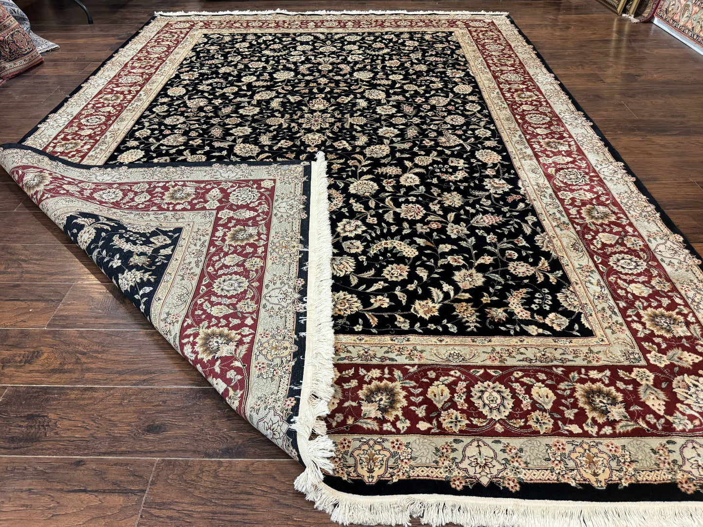 Sino Persian Rug 9x12 Hand Knotted Wool Silk Highlights Allover Floral Black And Dark Red