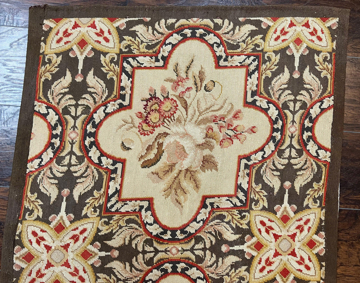 Needlepoint Runner Rug 9.8 Ft Handwoven Wool Floral Brown Beige European Design