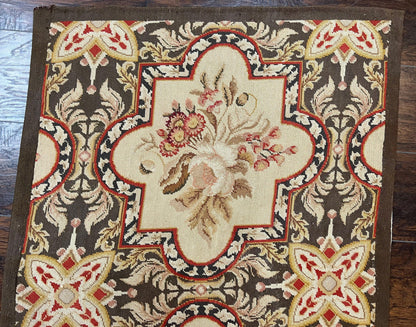 Needlepoint Runner Rug 9.8 Ft Handwoven Wool Floral Brown Beige European Design