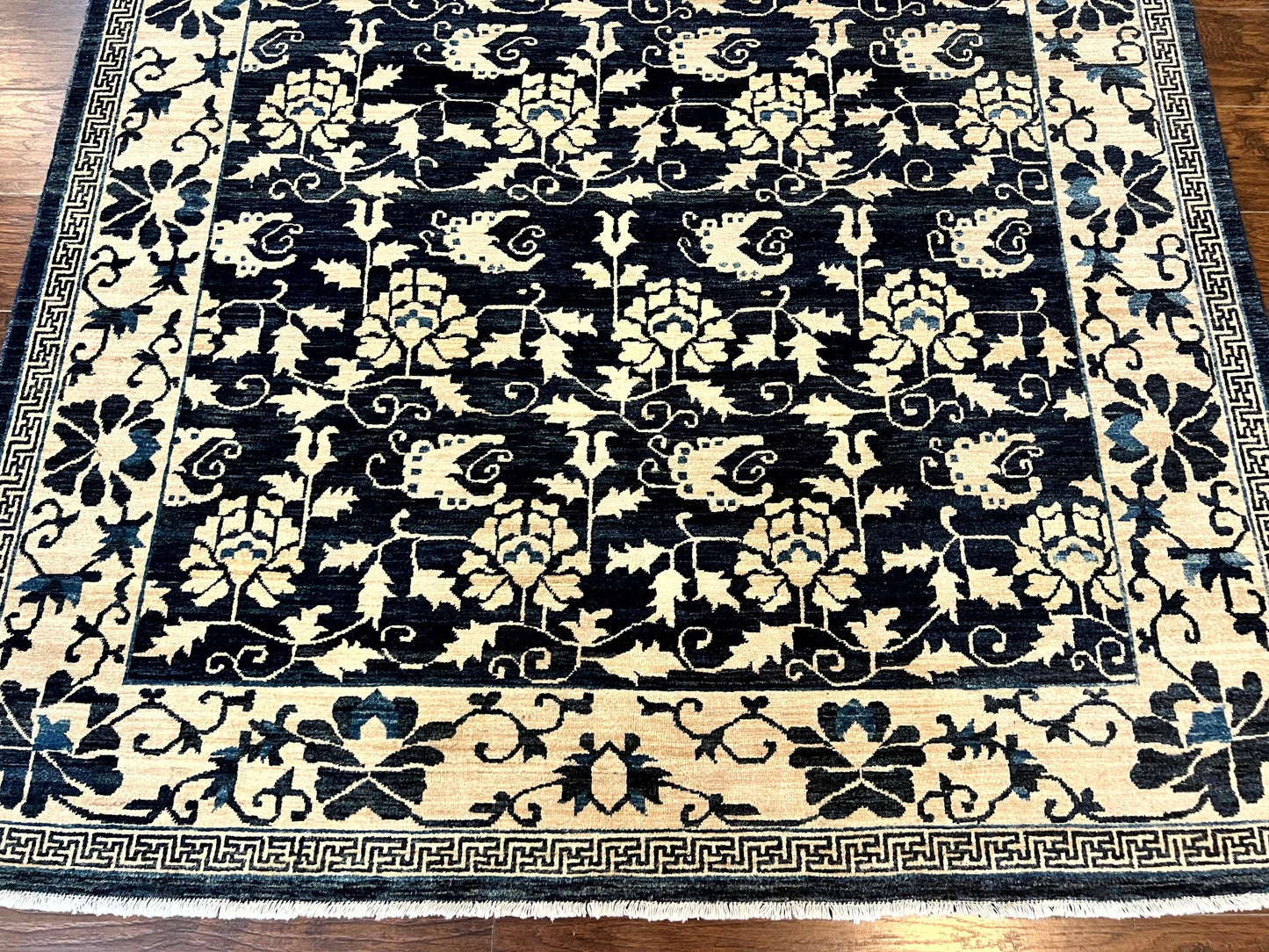 Sino Persian Rug Hand Knotted Wool Carpet 6x9 Floral Allover Blue Cream Tan