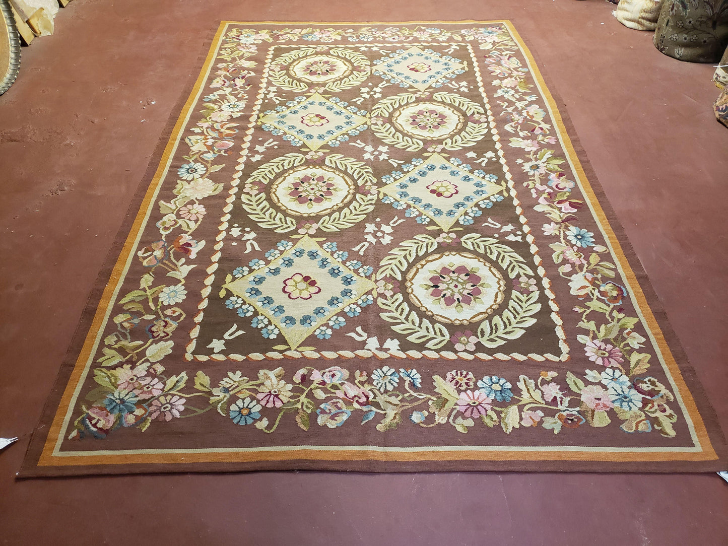 Aubusson Rug 6x9 Handmade Wool Flat Weave With Floral European Design