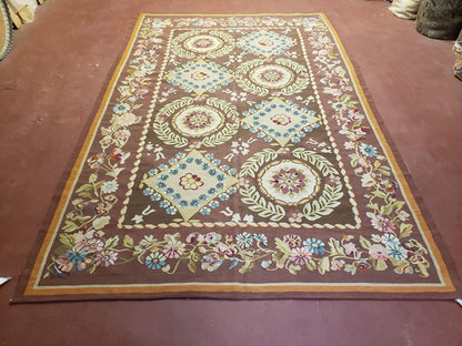 Aubusson Rug 6x9 Handmade Wool Flat Weave With Floral European Design