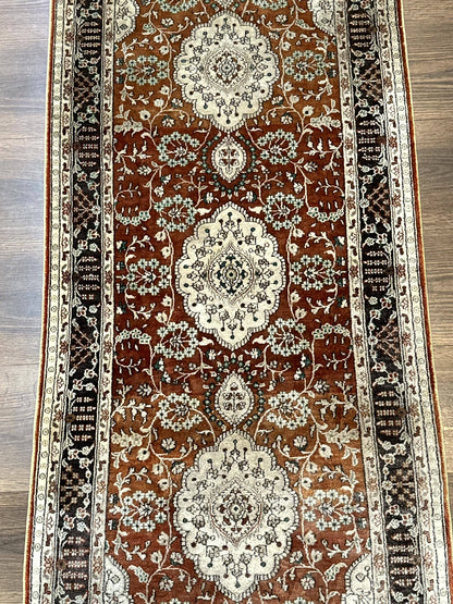 Turkish Silk Narrow Runner Rug 2 x 5.8, Very Fine 340 KPSI, Floral Medallions, Red
