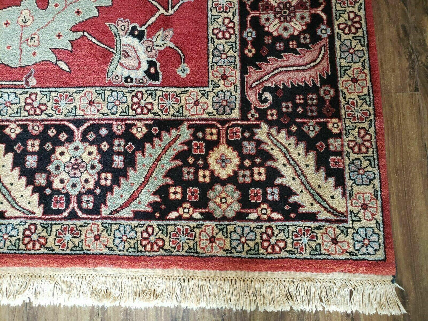 Vintage Handmade Turkish Wool Rug 9 Foot 10 Inch By 14 Foot 2 Inch Hand Knotted Red Black Floral