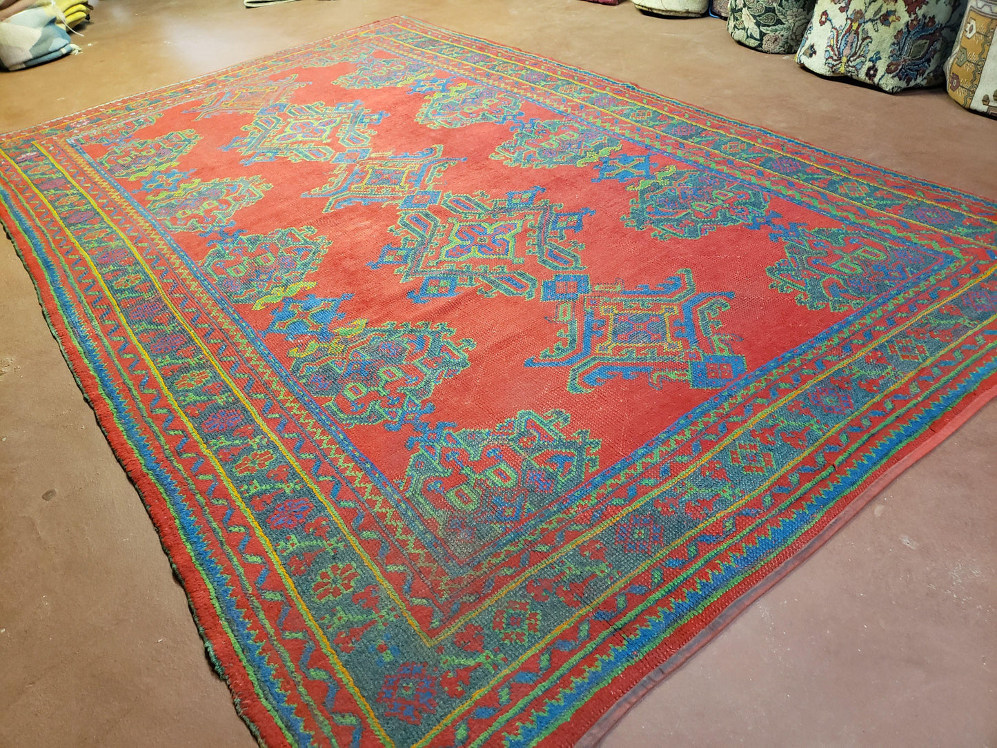 Turkish Oushak Rug 7x11 Vintage Red And Blue Hand Knotted Wool Area Rug