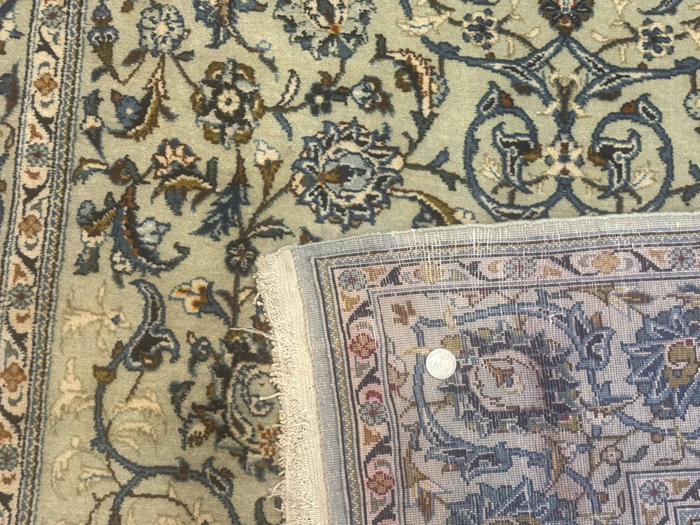 Persian Kashan Rug Vintage 225 KPSI Light Green And Light Blue Floral Medallionless Design