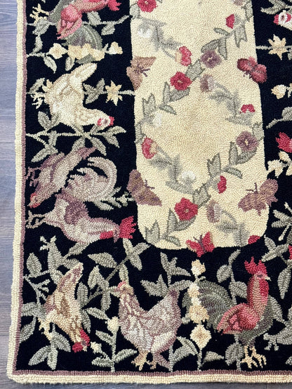 Small Vintage Hooked Rug Roosters Handmade Wool Area Rug Decor Accent
