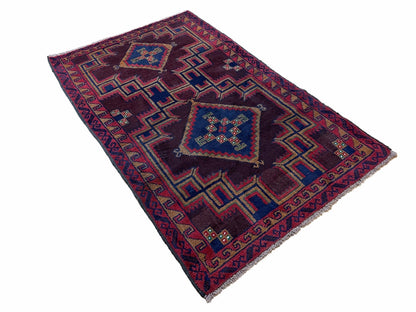 Balouchi Wool Rug Vintage Handmade Afghan Tribal Geometric 2ft11in By 4ft6in