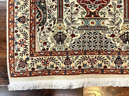 Persian Prayer Rug 4x6 Tree of Life Hand Knotted Wool Beige Vintage