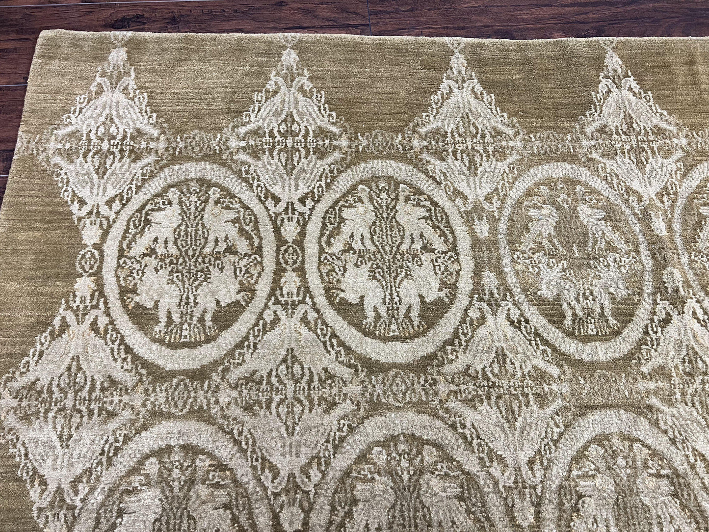 Tibetan Rug 12x15, Wool Hand Knotted Carpet, Odegard Rug, Birds, Olive Green, 12 x 15 Oversized Handmade Contemporary Area Rug, Extra Large