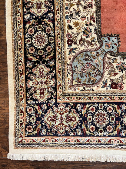 Persian Tabriz Rug 10x13, Wool Hand Knotted Vintage Carpet, Salmon Red & Ivory, Semi Open Field, Birds & Animal Motifs, Large Rug