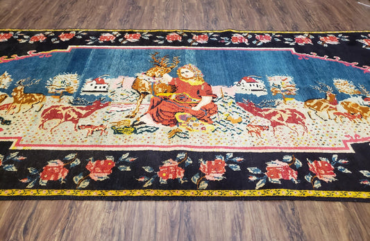 Antique Persian Pictorial Rug 4'6" x 9', Wool Hand-Knotted Blue Roses Karabagh Caucasian Carpet, 1920s Girl Deer Tapestry Wall Hanging Rug