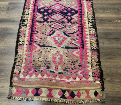 Turkish Runner Rug 3x10, Pink and Navy Blue, Bohemian Runner for Hallway or Kitchen, Vintage, Geometric, Tribal