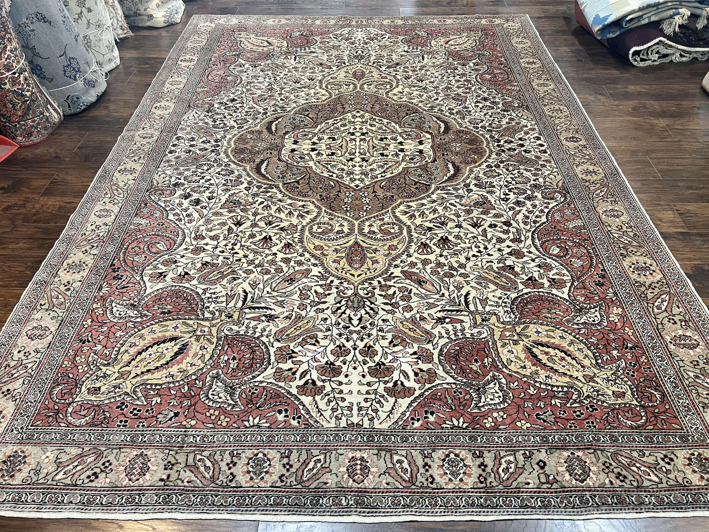 Turkish Sivas Rug 9x12, Handmade Vintage Wool Carpet, Cream Ivory