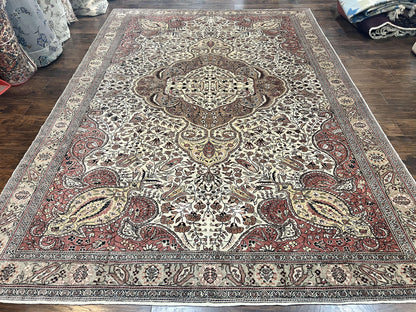 Turkish Sivas Rug 9x12, Handmade Vintage Wool Carpet, Cream Ivory