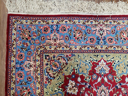 Semi Antique Persian Isfahan Rug, Kork Wool on Silk Foundation, Red & Blue, Top Quality, 3'6" x 5' 6"