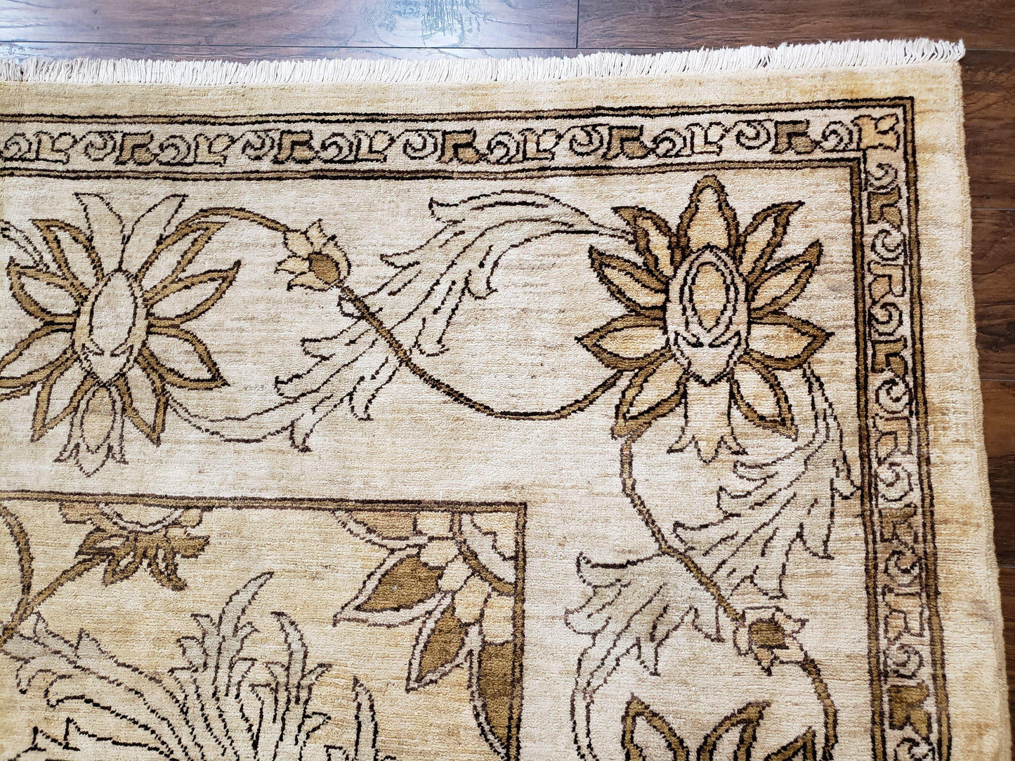 Oversized Peshawar Chobi Oushak Area Rug 11.6 x 12.5, Wool Hand-Knotted Light Gold & Ivory Decorative Pakistani Floral Carpet, 11x12 - 12x13