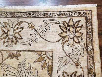 Oversized Peshawar Chobi Oushak Area Rug 11.6 x 12.5, Wool Hand-Knotted Light Gold & Ivory Decorative Pakistani Floral Carpet, 11x12 - 12x13