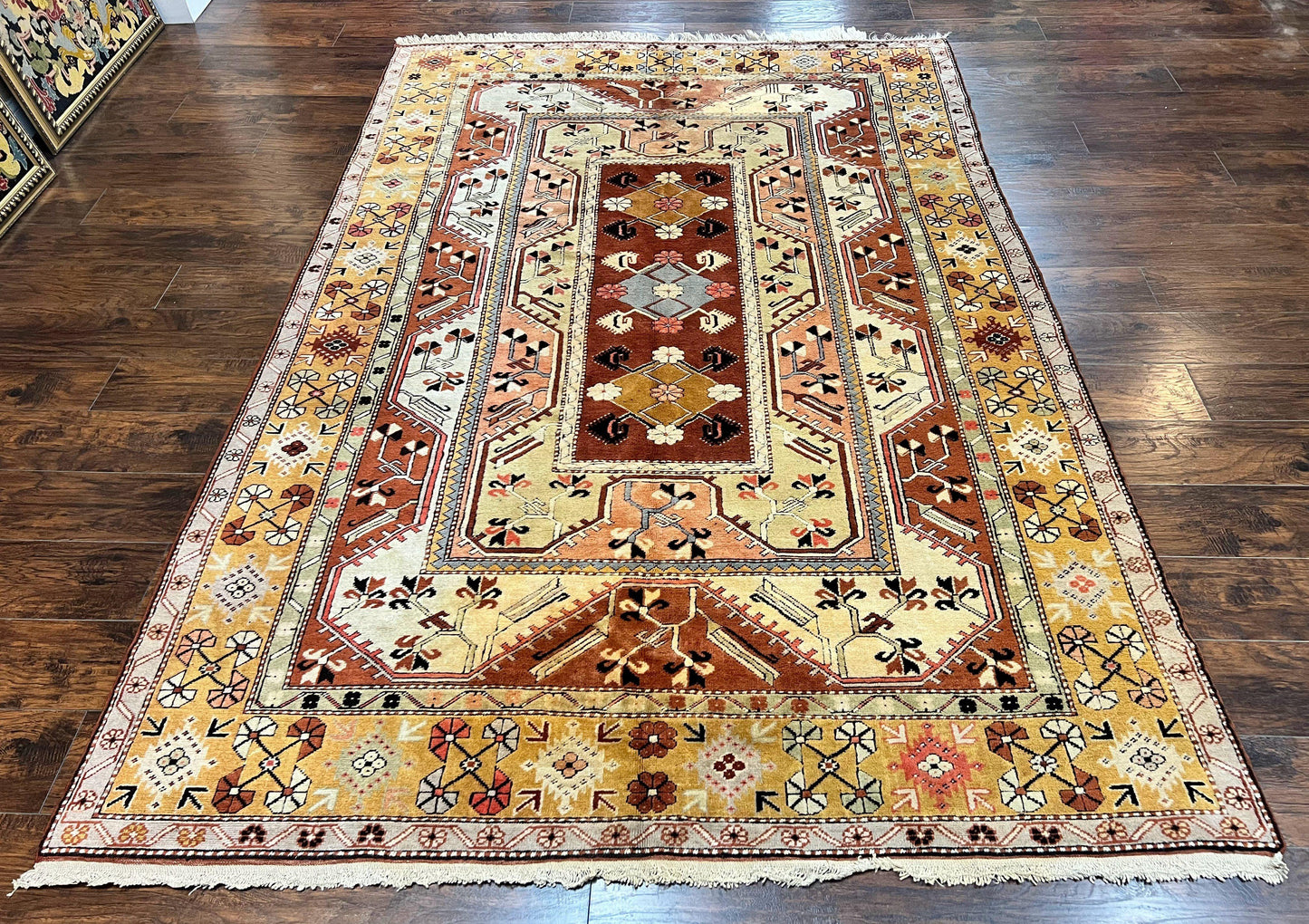 Turkish Hand Knotted Wool Rug 7x10 Vintage Kazak Geometric Pattern