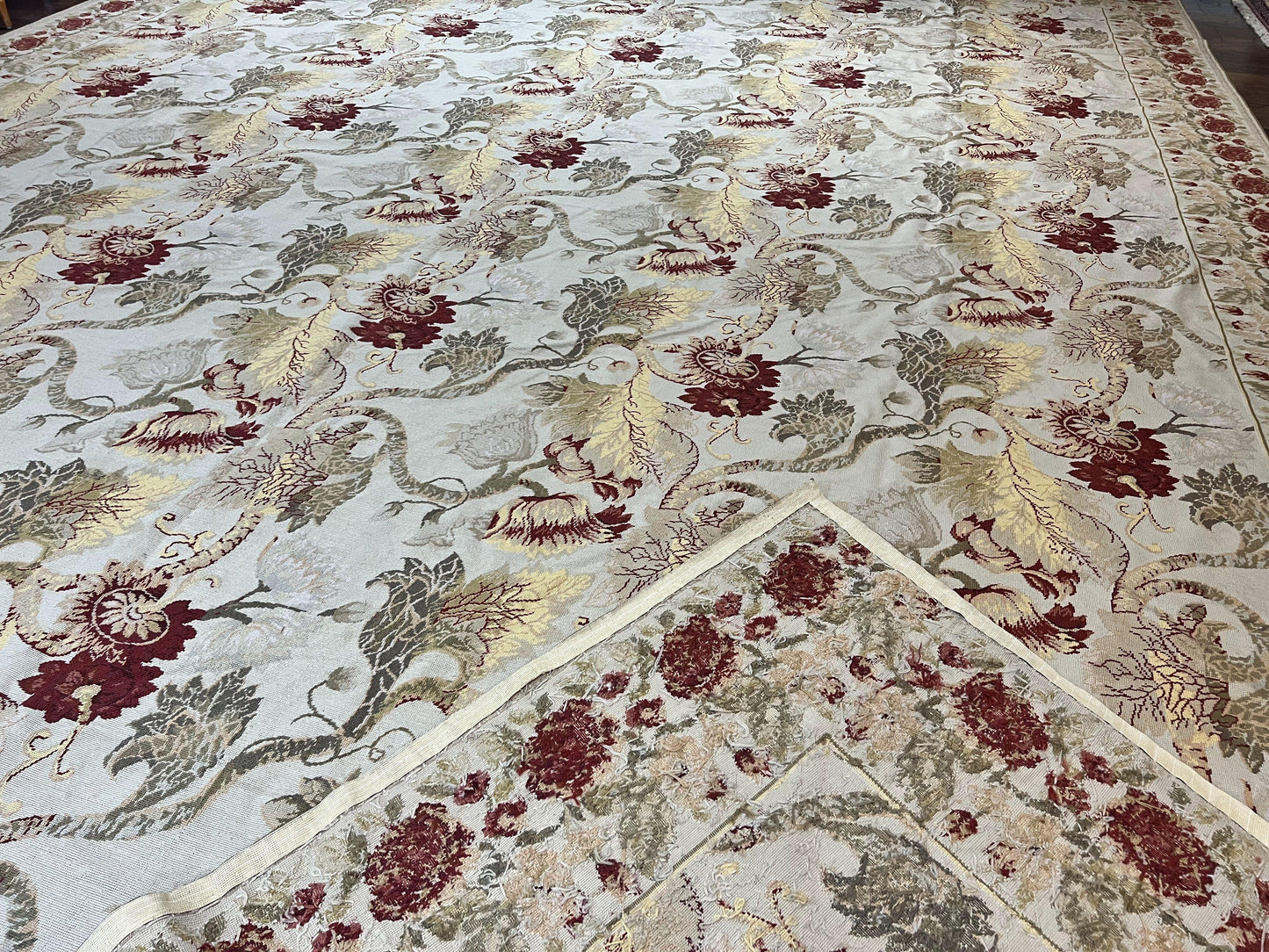 Extra Large Needlepoint Rug 14 x 20, Vintage Handwoven Handmade Wool Flatweave Carpet, Allover Floral Pattern, Elegant European Deisgn Rug