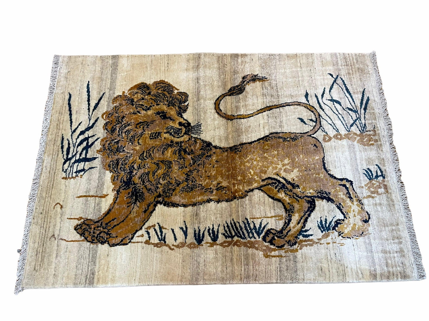 Handmade Wool Rug Hand Knotted Lion Vintage 3.5x4 New Organic Dyes