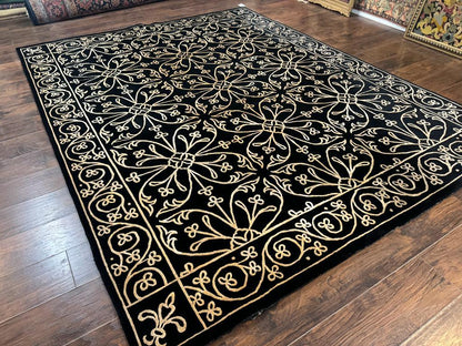 Tibetan Rug 8x10 Wool Silk Handmade With Raised Pattern Black And Gold Floral